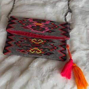 Embroidered Foldover Crossbody Bag - Pink & Orange Bead Detail